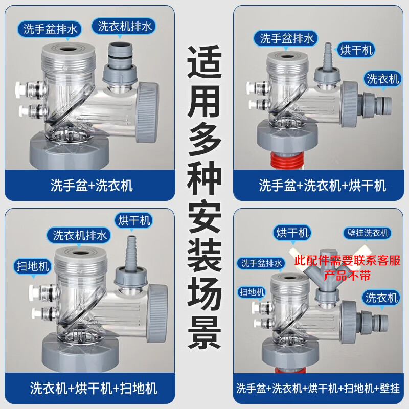 潜水艇（Submarine）洗衣机地漏专用接头 卫生间下水三通 排水管下水道防臭防溢水器 升级【透明可旋转】下水多通