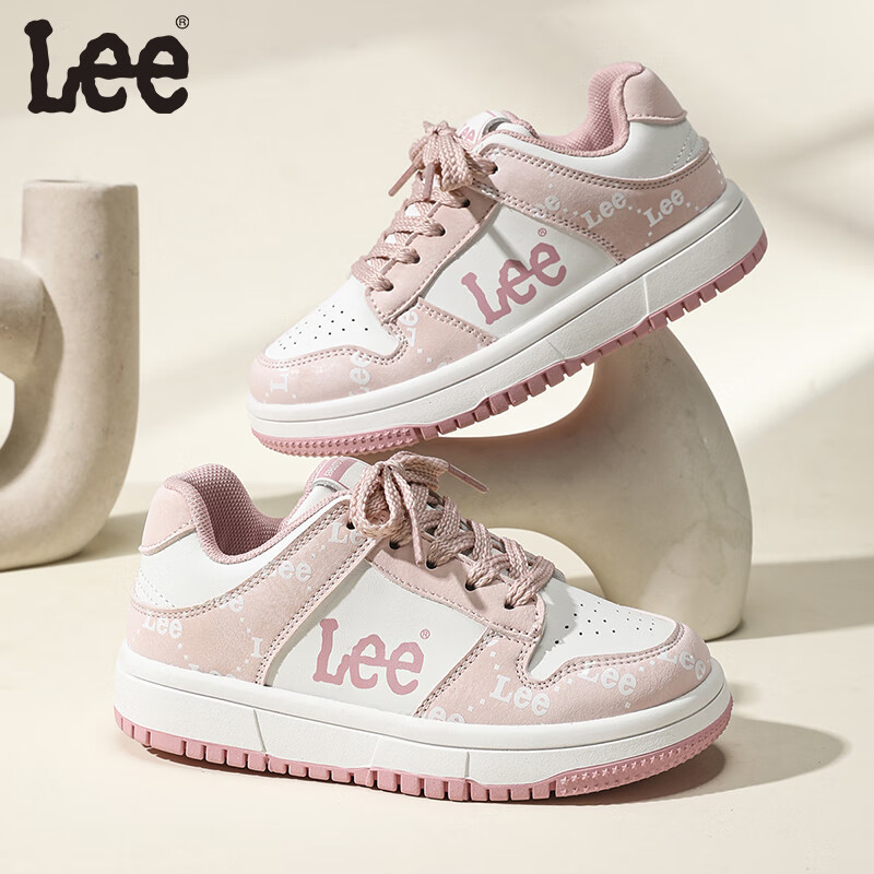 Lee儿童运动鞋春季新款透气百搭低帮板鞋魔术贴男女童鞋儿童休闲鞋 米白粉 29 【建议脚长178mm】