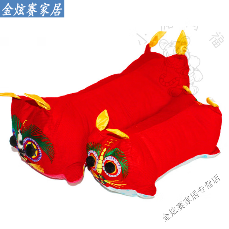 傳統(tǒng)民俗虎頭枕新生兒手工刺繡枕西北純布藝?yán)C花老虎枕頭玩偶滿月 中號(hào)紅色老虎枕頭 28*15*12cm 手