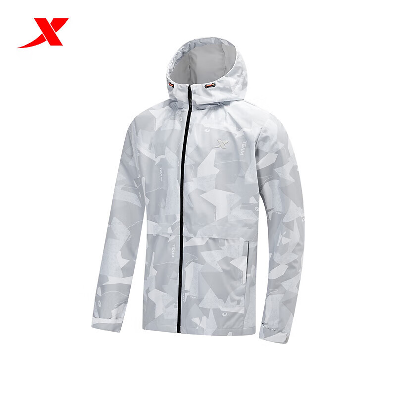 特步运动风衣男2024春季新款训练健身梭织连帽外套976129160173 淡雾