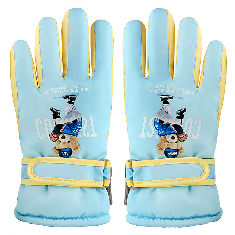 火炬人儿童手套防寒4到7岁冬季加绒手套卡通保暖滑雪手套玩雪手套3317蓝 玉桂蓝