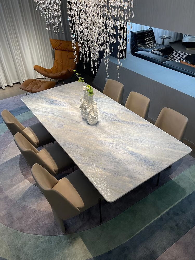 邦居龙天然大理石餐桌巴西进口蓝水晶意式轻奢高档设计师长方形奢石