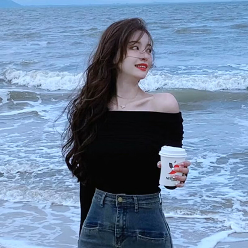 奔瑜紧身性感长袖女士打底衫秋冬低胸上衣辣妹一字肩t恤女春季修身锁