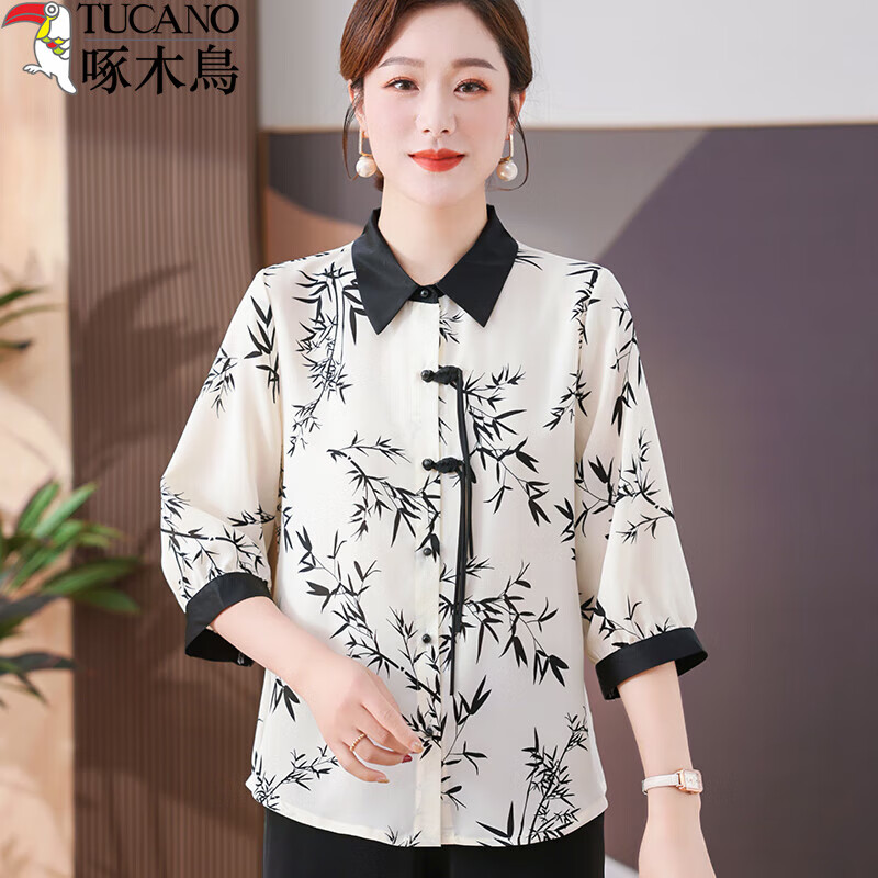 啄木鸟中年妈妈夏装t恤衬衫打底小衫上衣女装夏季翻领雪纺衬衣套装