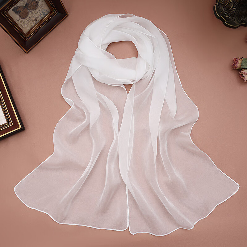 勤驰纱巾桑蚕丝 雪纺真丝雪纺丝巾夏轻薄长款女防晒窄长条纱 白色