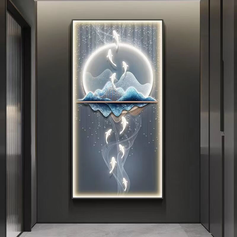 壁画九鱼图竖版发光墙挂画高档带灯风水画 金鱼满堂 50*100晶透烤瓷