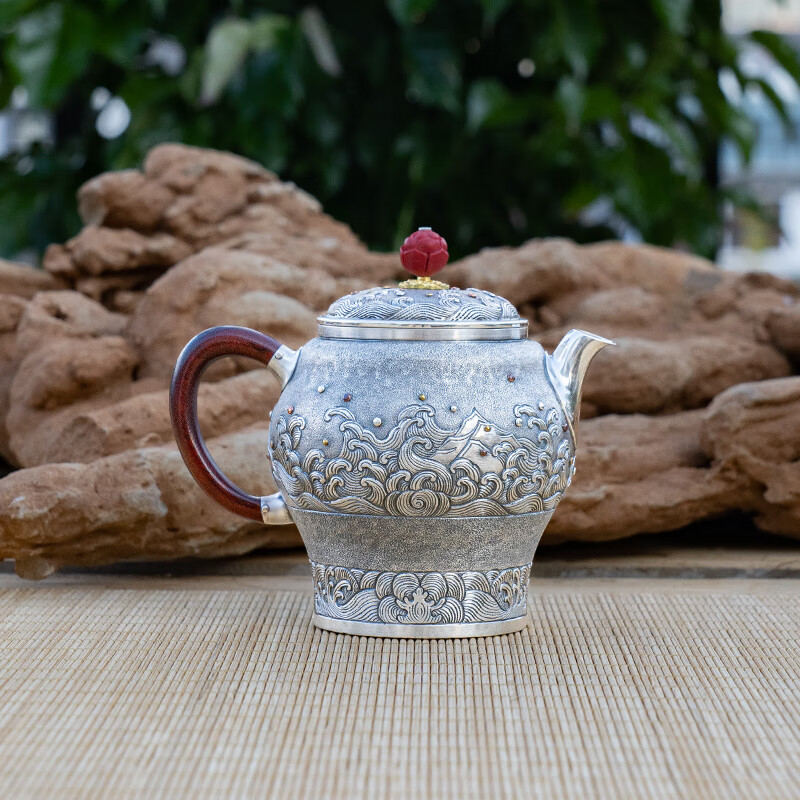 乌拓手工捶纹纯银烧水壶一张打银壶 999泡茶壶真功银壶纯手工錾刻海浪