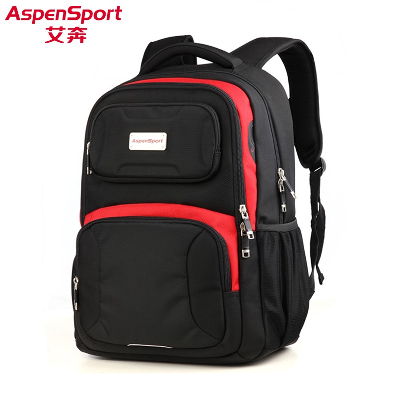 艾奔（ASPENSPORT）男双肩包多功能大容量背包男女休闲电脑背包初中高中学生书包 黑红色