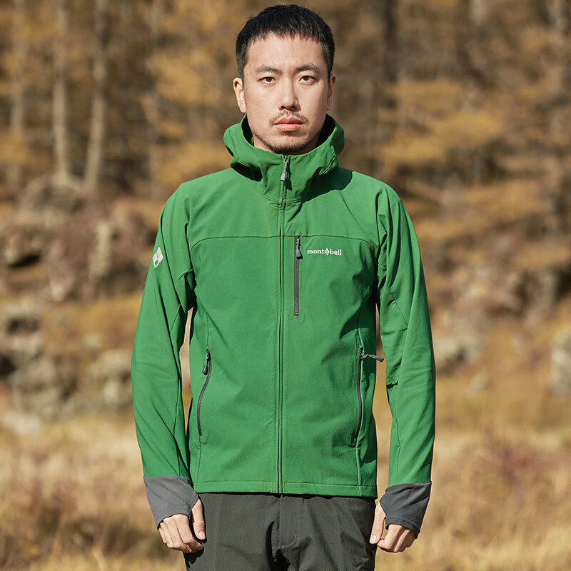 mont·bell软壳衣男款户外秋冬防风保暖防泼水徒步登山连帽外套 1106727 DGN深绿色 L