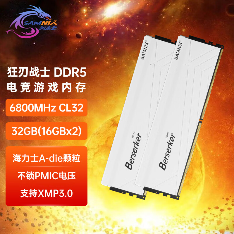 新乐士（SAMNIX）台式机内存条 32GB(16GBx2)DDR5 6800Mhz C32 白色 海力士A-die狂刃战士电竞游戏