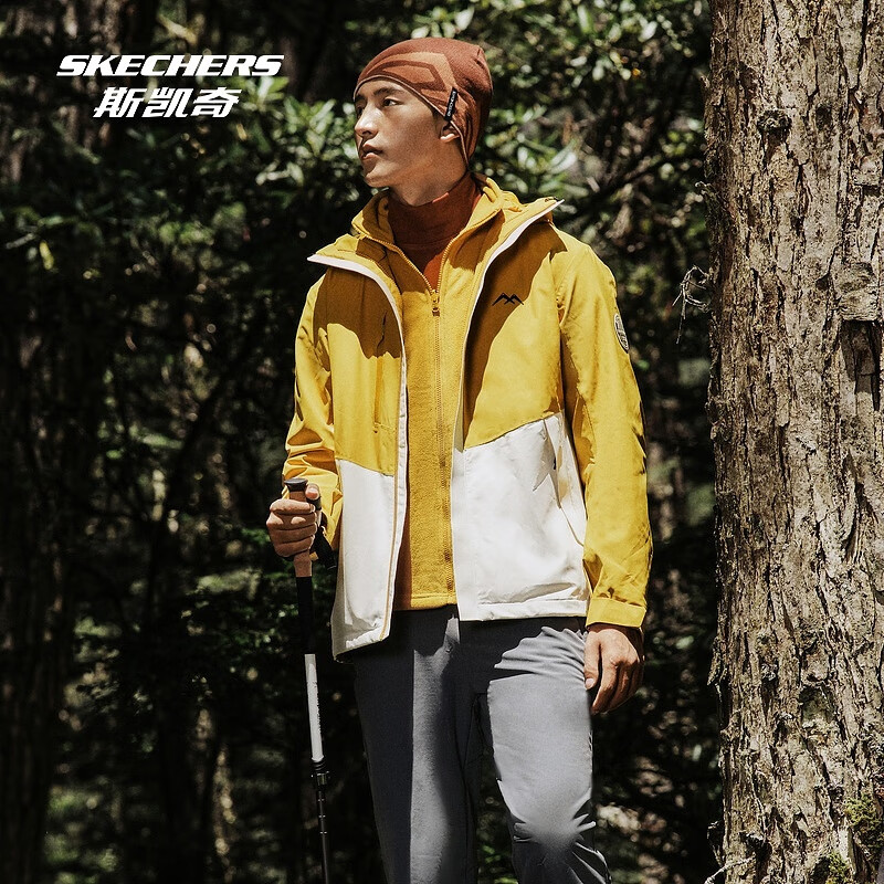 斯凯奇（Skechers）魔方系列丨户外冲锋衣男女同款三合一防风防水登山服外套摇粒绒衣 男款-麦穗黄/0488 S