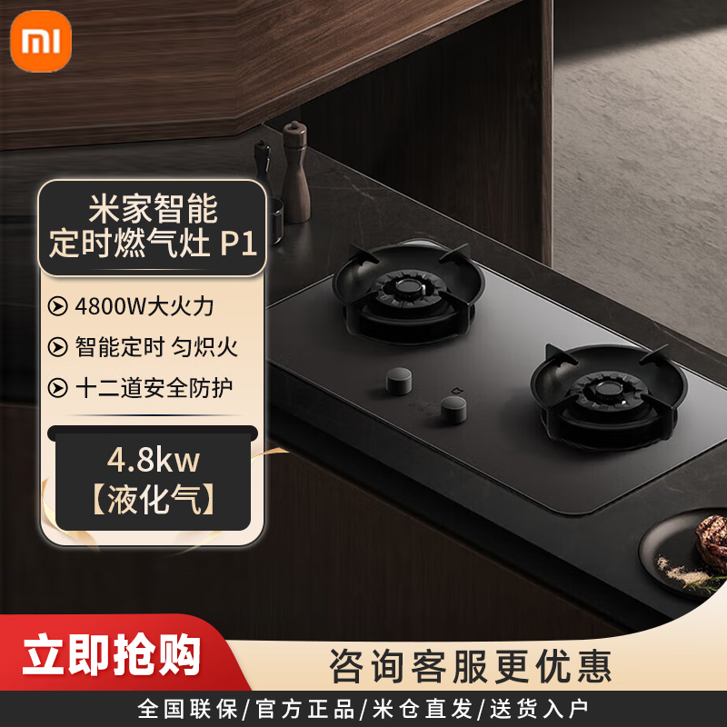 小米（MI）米家智能定时燃气灶P1 双边定时脉冲点火 5200W/4800W大火力底座可调台嵌两用 烟灶联动JZY-MJ03CY 米家定时P1-4.8kw【液化气】 40926