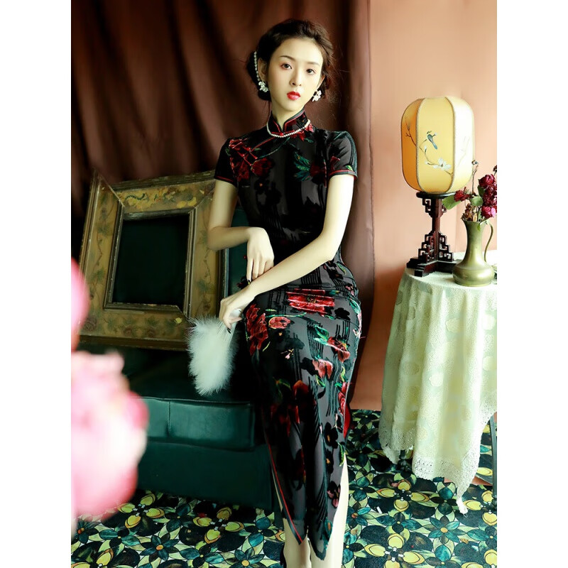 旗袍老上海真丝旗袍复古气质优雅民国长款女改良版绒旗袍 图片色 s