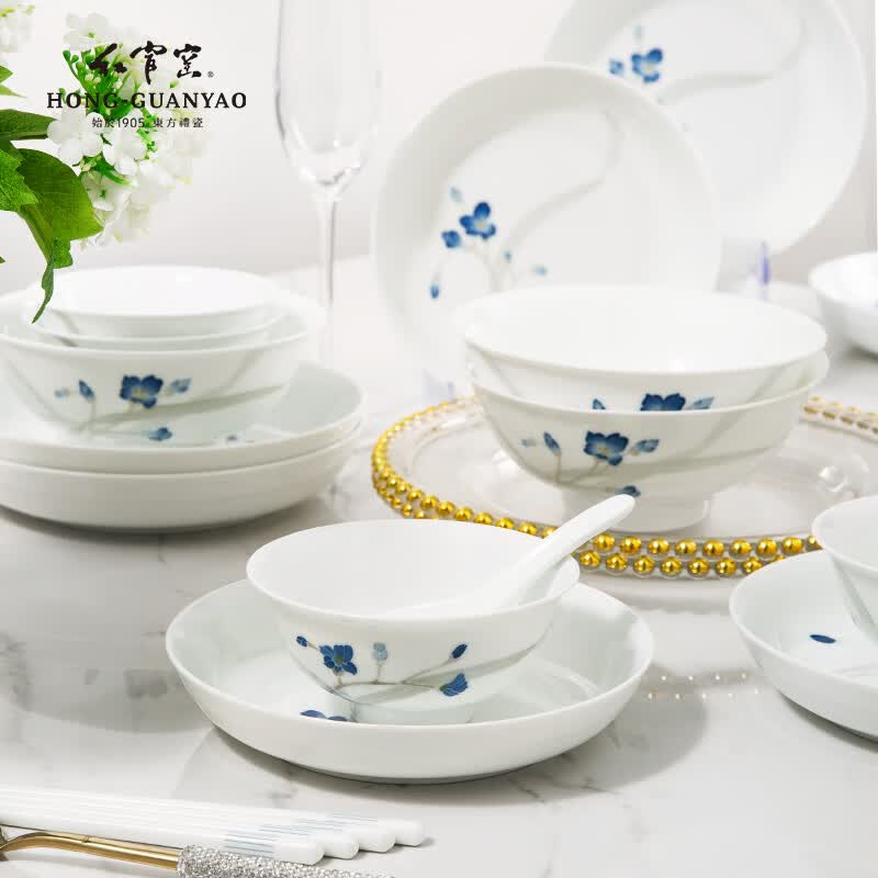红官窑国瓷幸福兰花餐具整套釉下彩家用食品级碗盘筷耐高温陶瓷乔迁好礼 幸福兰花【10人食】新升级 52件套