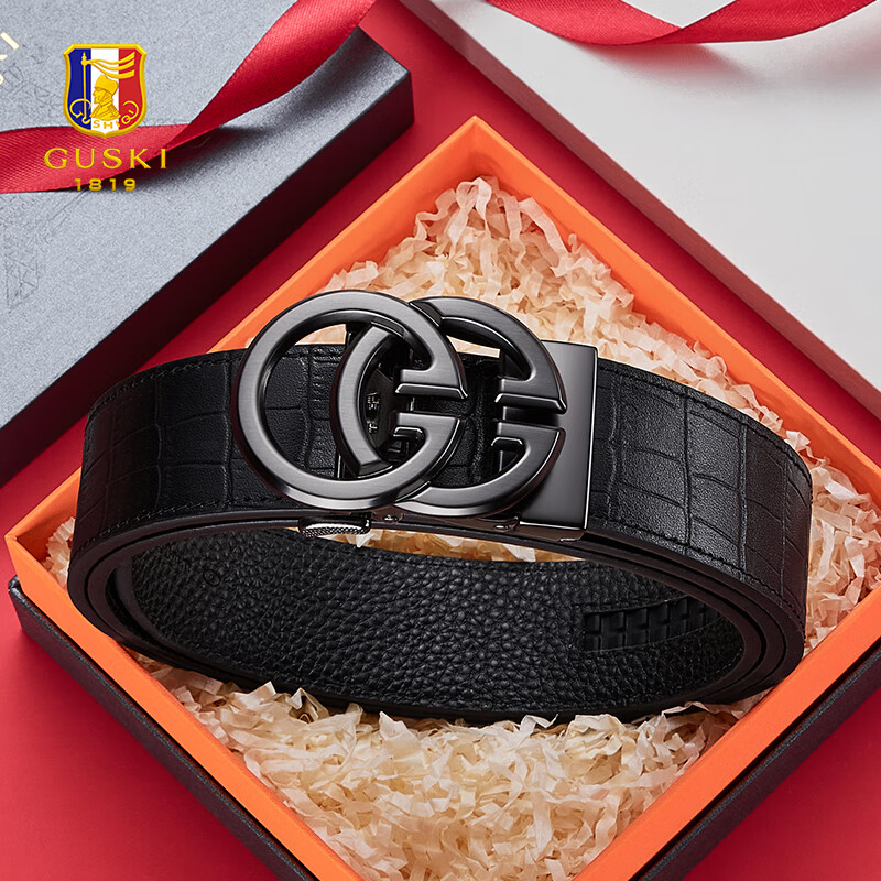 古士旗（GUSKI）法国品牌皮带男自动扣真皮男士腰带鳄鱼纹高档生日礼物送男友老公 百搭枪色+头层牛皮【专柜礼盒】 110cm -130cm随机/联系客服指定