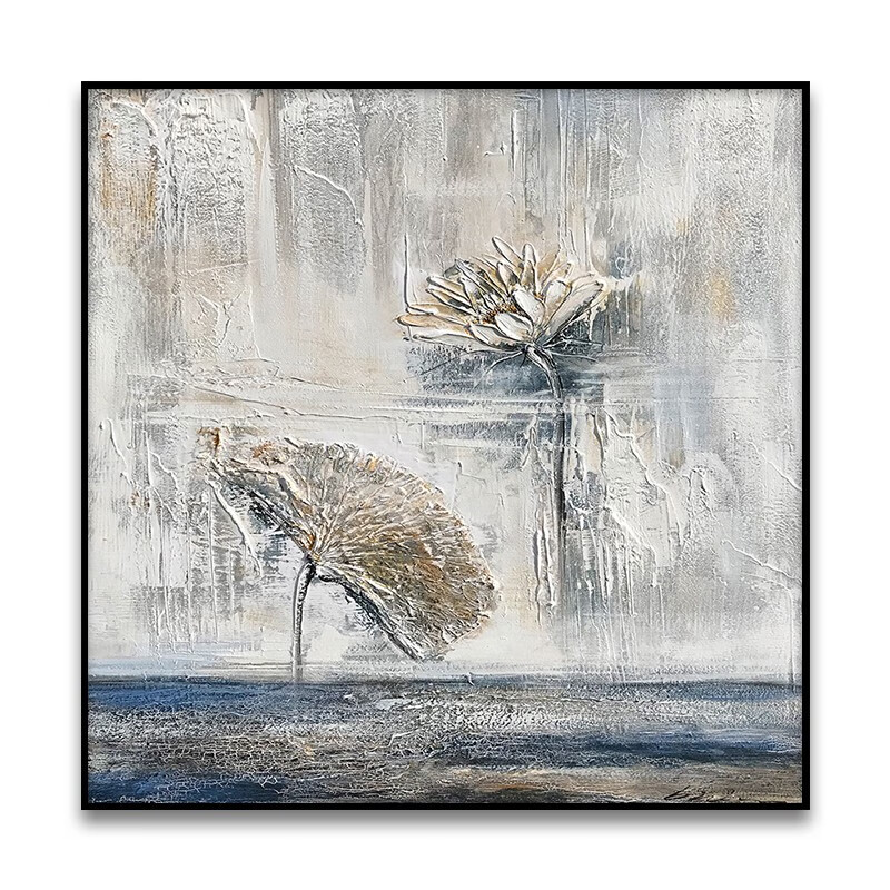 彩象原创手绘油画莲花装饰画新中式玄关挂画餐厅客厅沙发背景墙抽象画