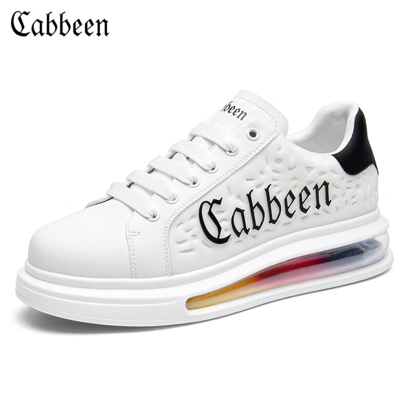 卡宾（CABBEEN）气垫板鞋男镂空透气百搭小白鞋男士潮流休闲鞋子 白黑 38