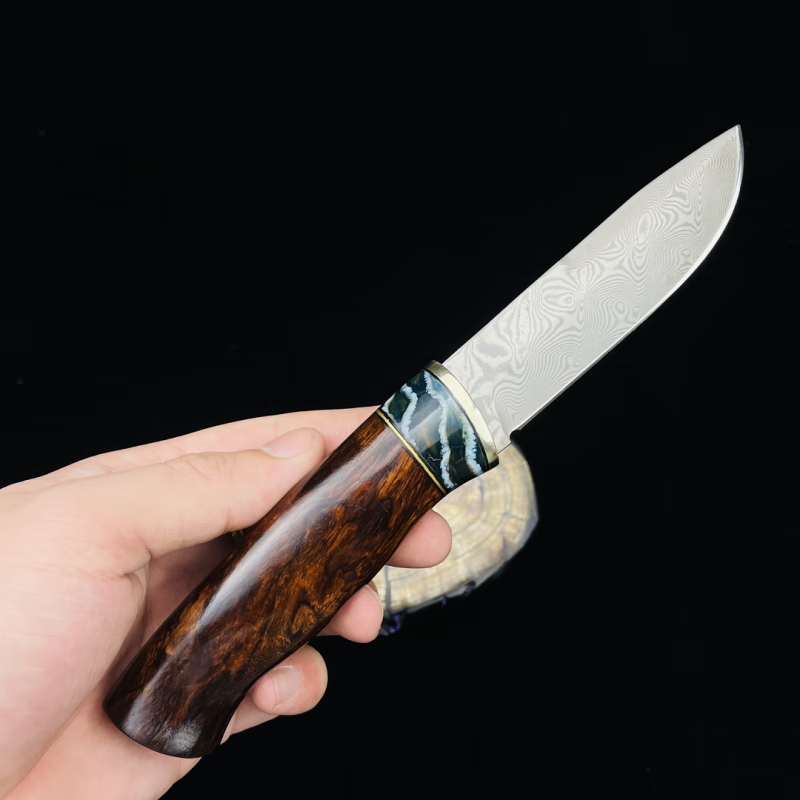 雨轩户外户外直刀大马士革无芯钢 沙漠铁木枫木固化 猛犸臼齿把玩吃肉