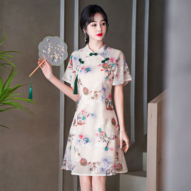 txschif夏日旅游拍照好看少女旗袍裙年轻款2024夏季新款印花气质改良