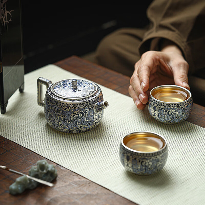 BOSSY金银错大师作品鎏银复古泡茶壶家用功夫茶具一壶两杯商务礼盒装 鎏银【青花龙】(礼盒) 3头