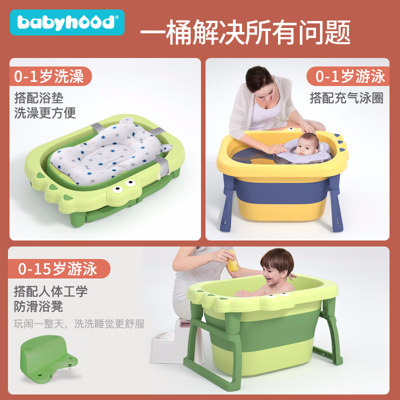 世纪宝贝（babyhood）婴儿洗澡盆泡澡桶可折叠浴桶宝宝游泳桶大号新生儿童用品 洛克黄(单桶)【送礼包+浴凳】