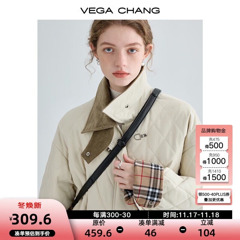 VEGA CHANG飞机扣棉衣女2024冬新款方领拼接菱格棉服外套ins潮 奶油米 M