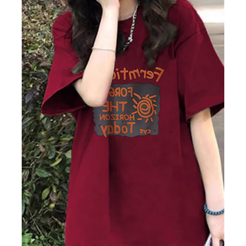 莉纱芙特2026年春夏季新款潮流半短袖t恤女士装宽松洋气内搭打底衫上衣服 酒红色 M (建议:90-110斤)