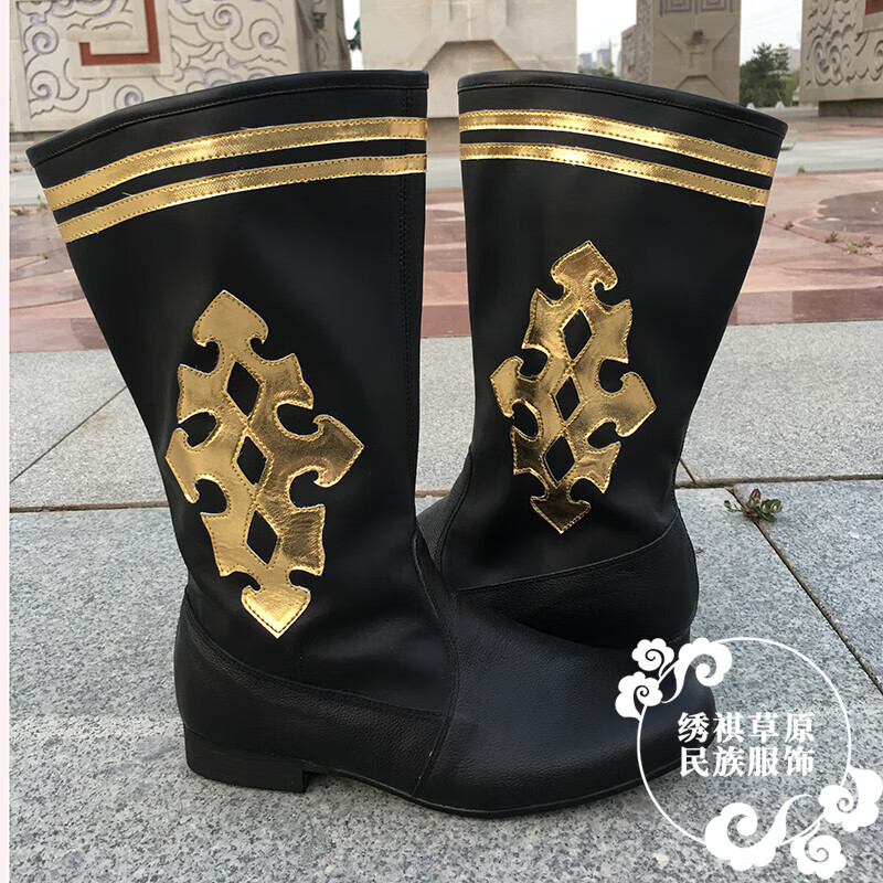 马靴男 中筒蒙古族男款靴子男士跳舞马靴蒙古皮靴手工缝金花舞蹈 黑色