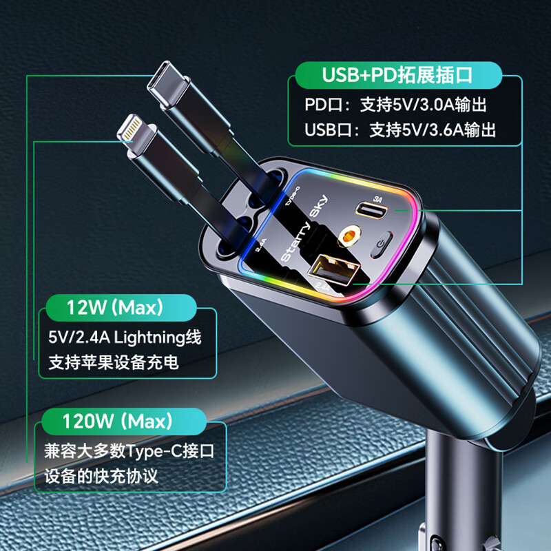 飒望德国车载充电器超级快充线一拖三可伸缩三头点烟器快充转换器苹果 【240W升级版】紫色星空顶  提速400%