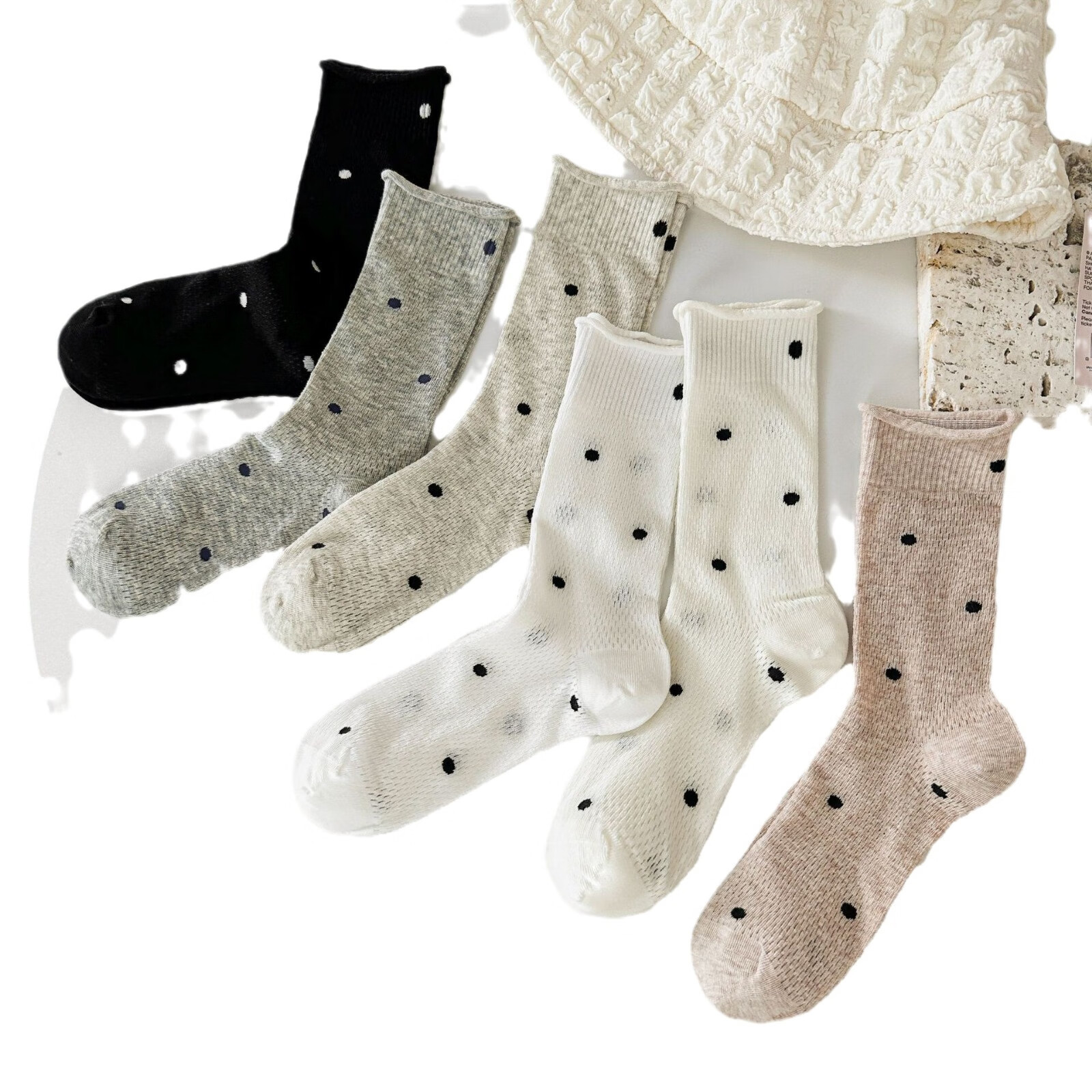 灰色堆堆袜子女夏季薄款中筒袜波点网眼透气卷边夏天芭蕾长袜 白色 1双 35-41码均可穿