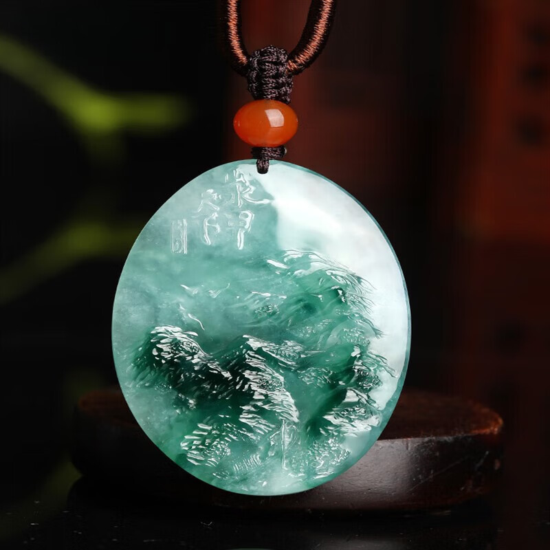 甄熙(zhenxi)山水之间天然翡翠吊坠飘绿冰种山水牌挂件刘时友大师孤品