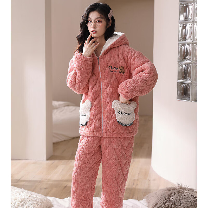 芬腾【清仓】情侣珊瑚绒夹棉睡衣女士冬季三层加厚男抗静电家居服套装 FJ2491097粉红【单女款】 2XL 建议:女142-160,男166-185斤