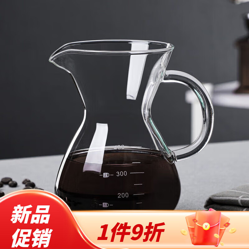 阡侗美式咖啡壺手沖咖啡分享壺耐熱玻璃帶過濾網(wǎng)滴漏壺套裝 光把刻度咖啡壺400ml（不帶濾網(wǎng)M