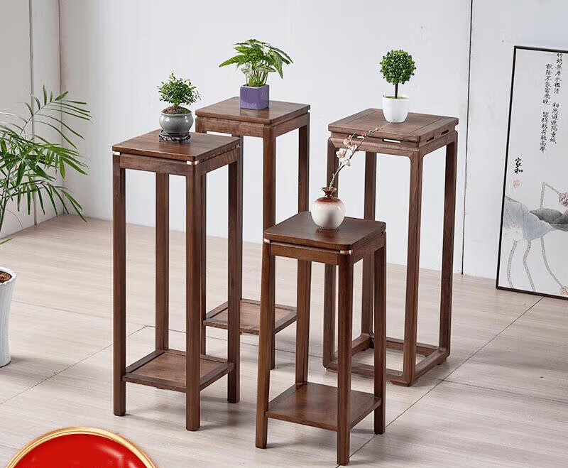 创京懿选新中式乌金木花架 北美黑胡桃木实木花架新中式落地花几家用