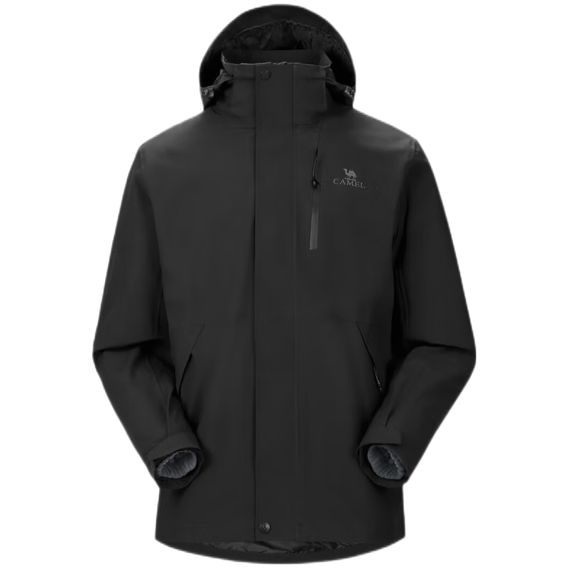 骆驼（CAMEL）三防冲锋衣男女三合一可拆卸防风防水防污外套加绒 AD12263514X，幻影黑，男女 抓绒 S