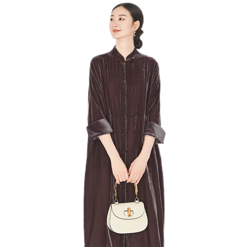 浮云堂.雅」暮驪.中式國風盤扣絲絨連衣裙女裝新款2025春秋款加厚打底裙 青驪 S
