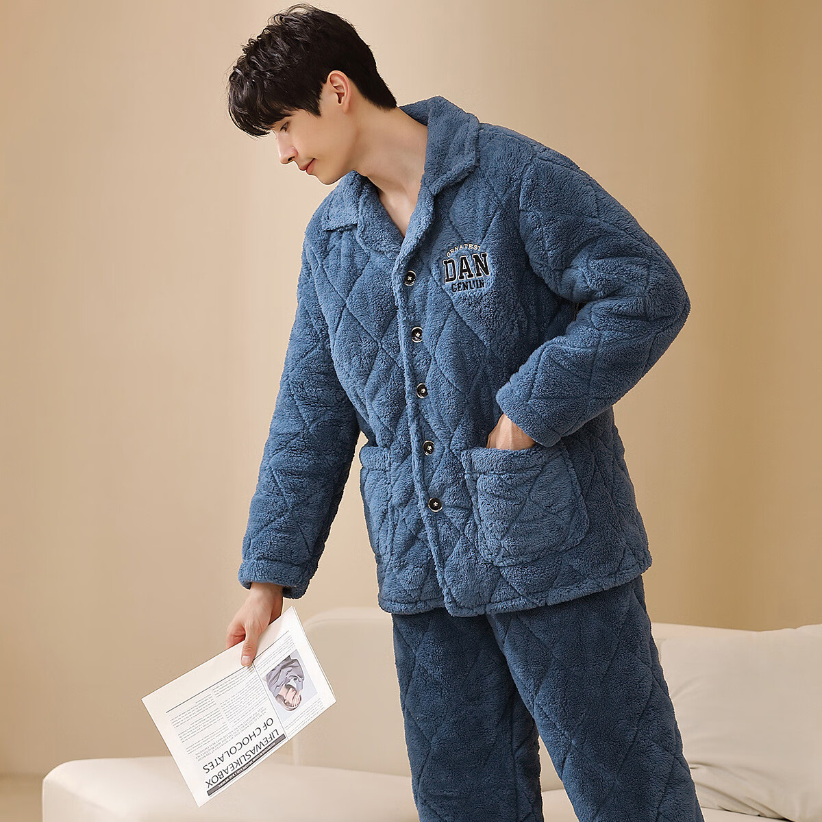 香蜜闺秀【三层夹棉加厚】男士睡衣秋冬新款长袖可外穿保暖男士家居服套装 W3424013宝蓝 XL