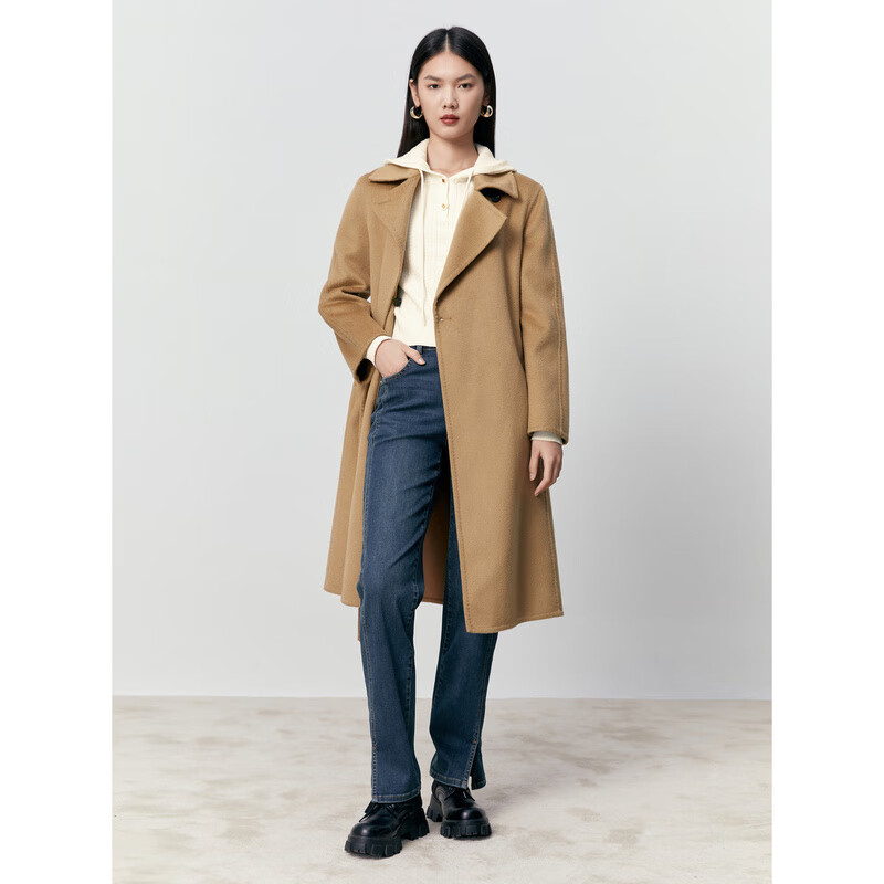 太平鸟女装冬季驼绒水波纹大衣A1AAD4337 咖色 XS