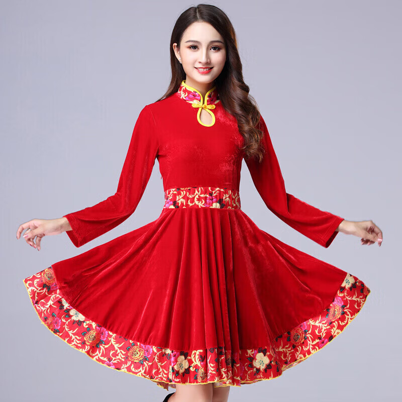 gubpmtshim秋冬金丝绒连衣裙广场舞服装新款女秋冬季金丝绒长袖演出