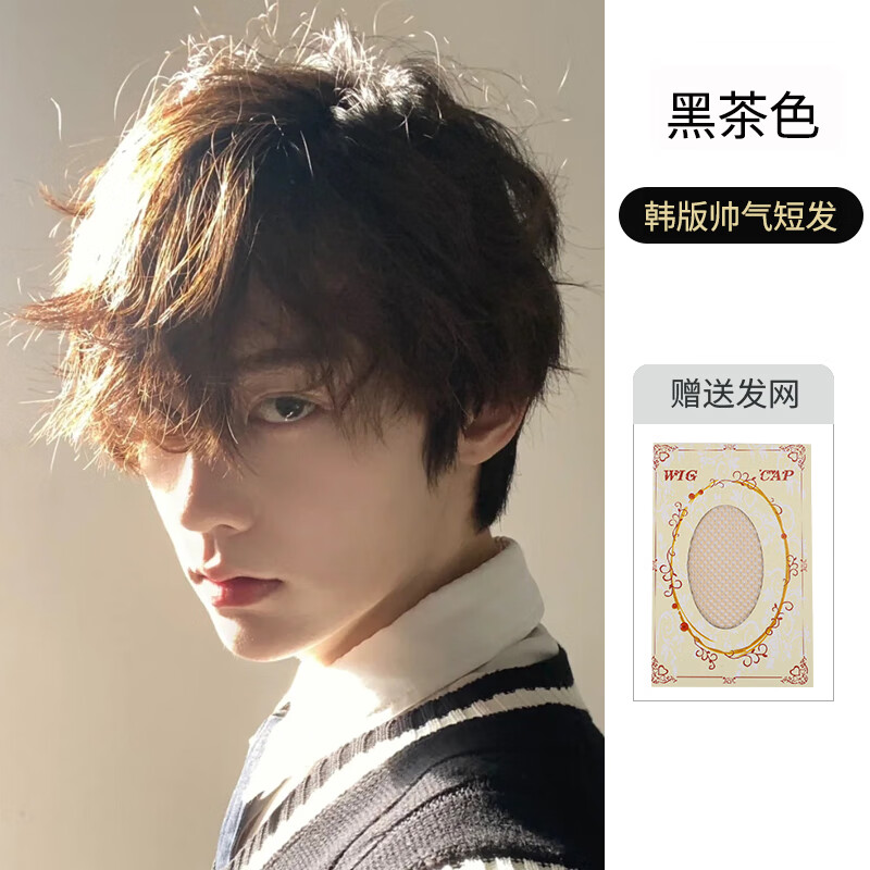男式短发韩版自然蓬松仿真日常全头套男士假发套 短发 黑茶色 发网
