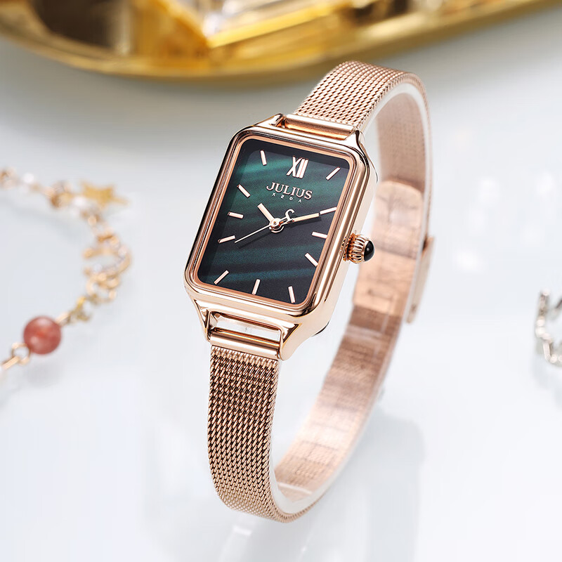 聚利时(julius)手表女气质复古轻奢小绿表学生小巧皮带防水方形小表盘