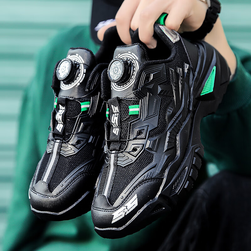 运动鞋男软底 减震不伤脚厚底老爹潮鞋黑色免系无鞋带休闲跑步鞋 黑绿