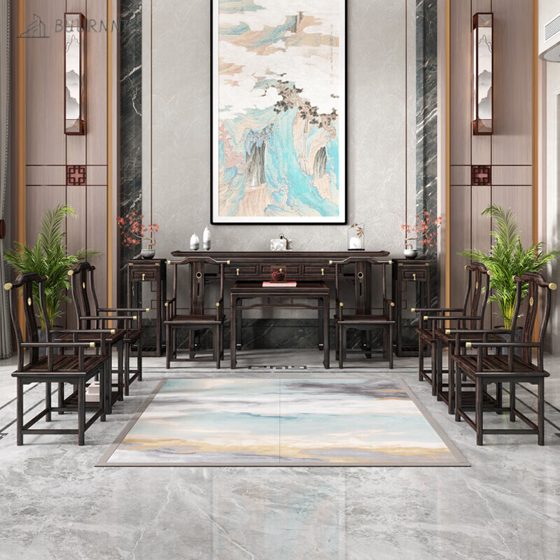 buurnnto八仙桌全实木新中式中堂六件套乌金木条案玄关桌农村厅堂屋