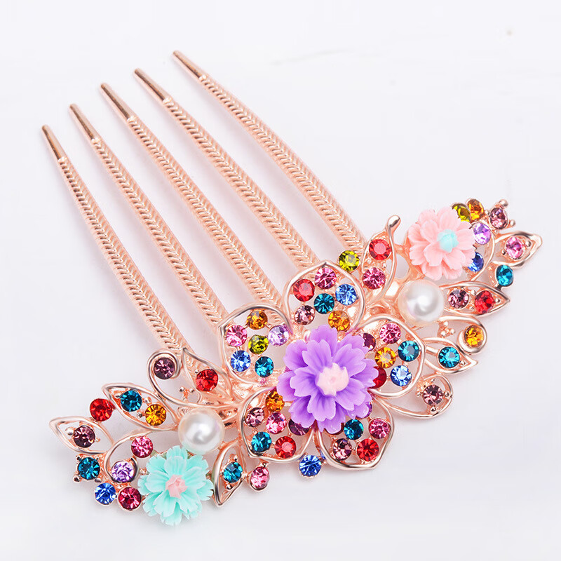 新品插梳新娘水钻花朵盘发梳跨境款发饰五齿发插 玫瑰发梳混彩