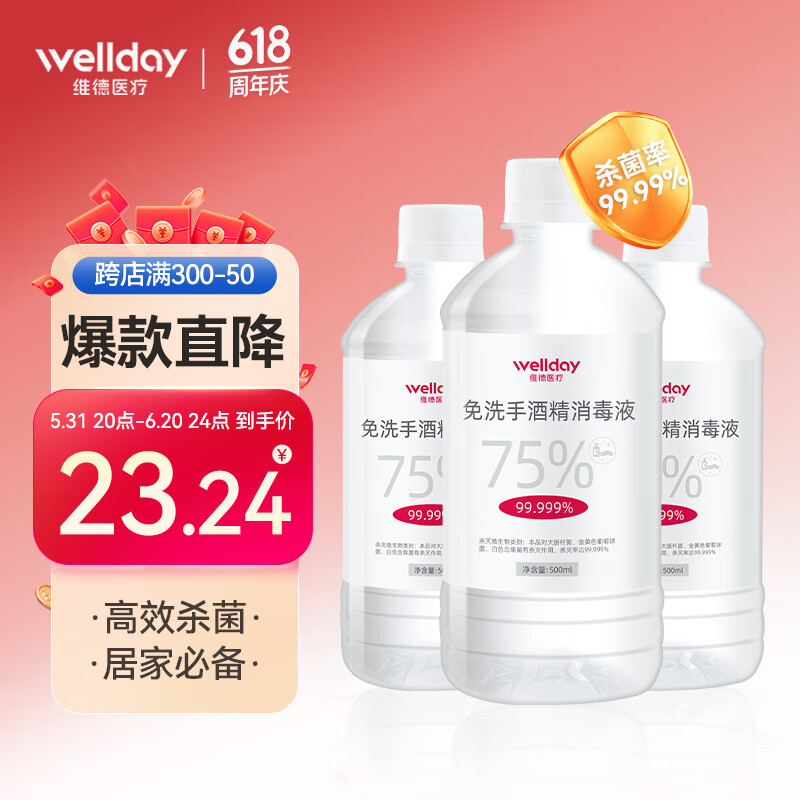 维德(WELLDAY)75%酒精消毒液免洗手便携清洁卫生外出家用大瓶500ml*3