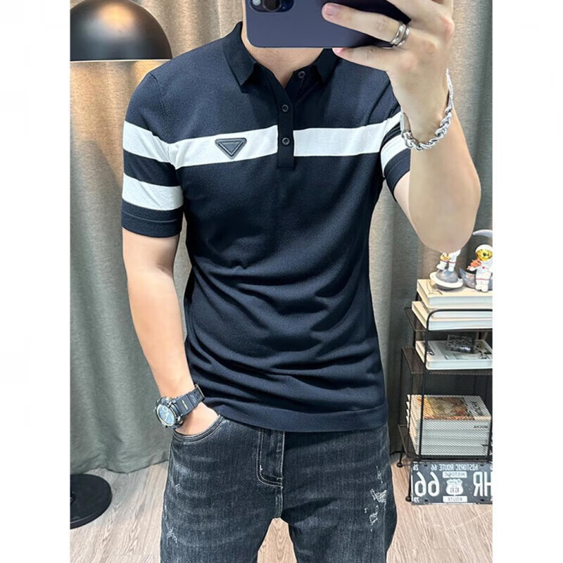 LUO ELEMENT翻领针织衫男士夏季新款针织polo领半袖修身体恤衫有领冰丝男装潮 黑色 M