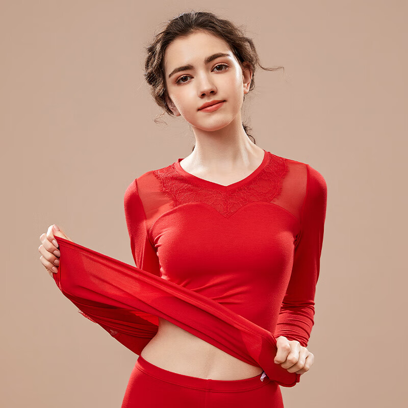 夏娃之秀打底衫女长袖打底衣可外穿新款百搭显瘦亲肌底红色本命年女上衣 大红 M