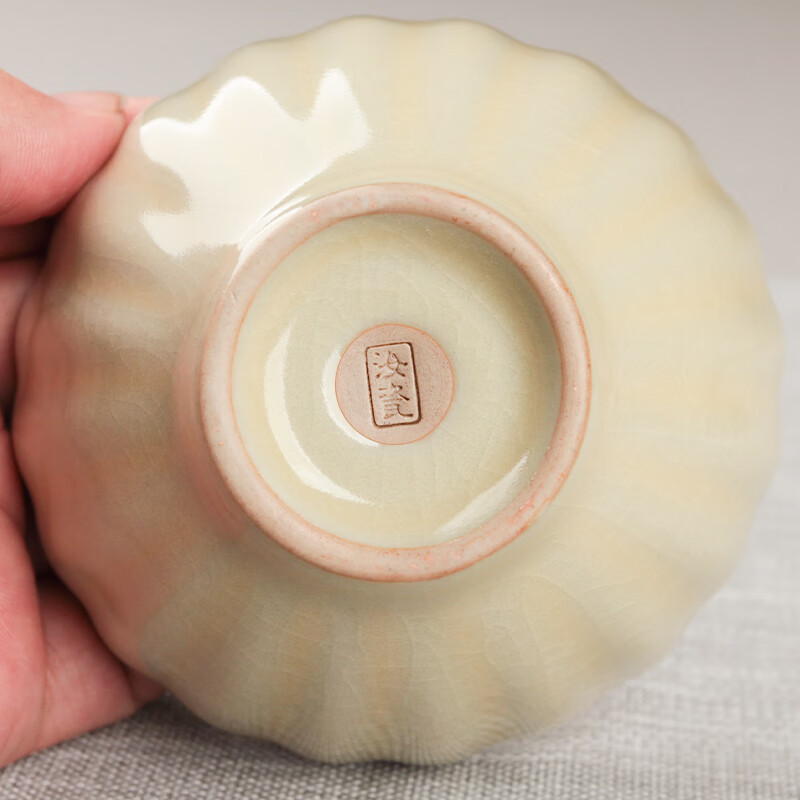 易信花瓣大号茶杯主人杯汝窑开片喝茶杯陶瓷杯单杯锦盒包装茶具配件 汝窑菊花杯-米黄