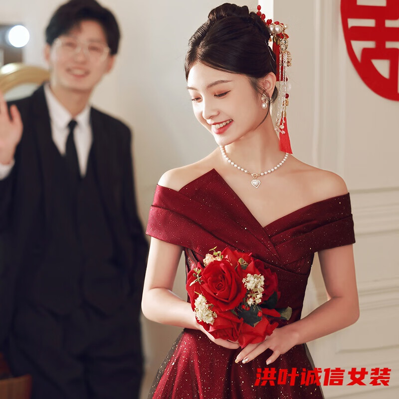 事思一字肩敬酒服新款法式訂婚小眾感紅色婚紗結(jié)婚禮服女新娘 高端敬酒服 038 S 160