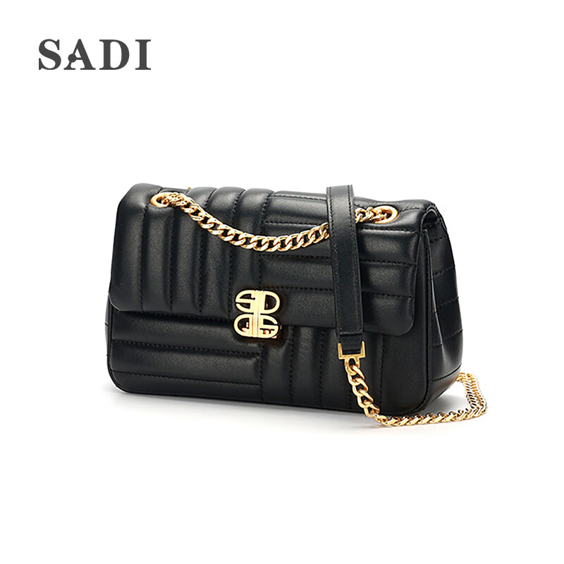 sadi萨迪斜挎包女式牛皮女包头层真皮链条包百搭腋下包单肩包 黑色